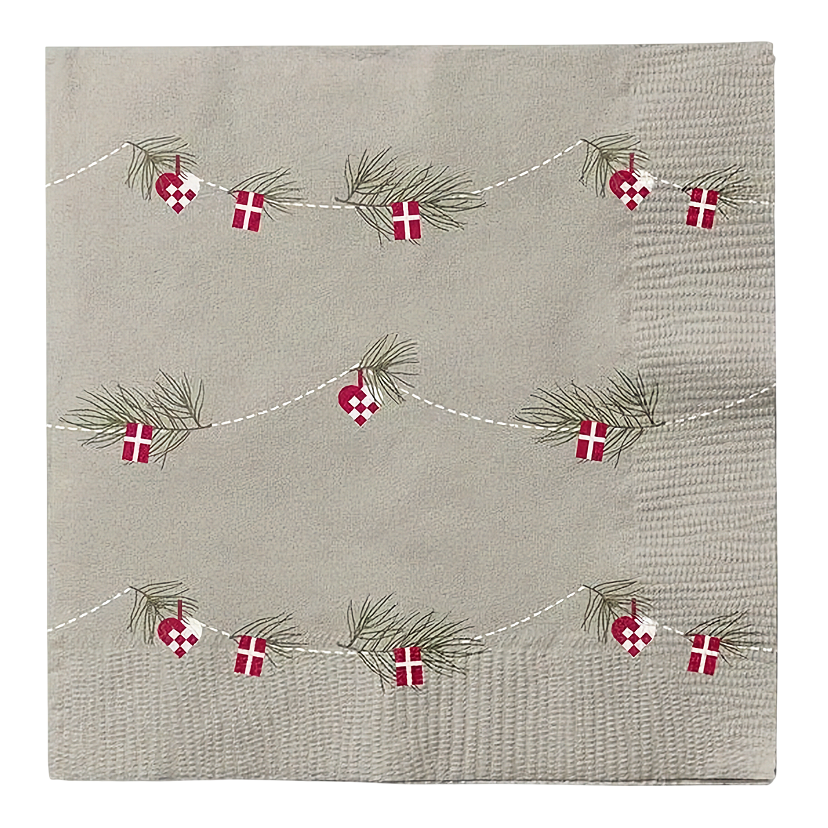 Det Gamle Apotek Lunch-Servietten Dansk Jul mit Tannenzweigen, kleinen dänischen Flaggen und Weihnachtsherzen.