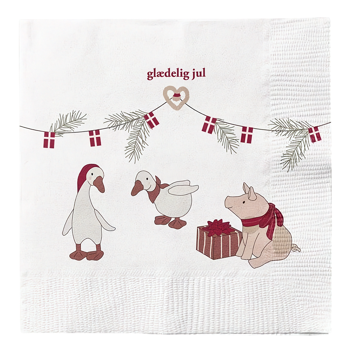 Det Gamle Apotek Lunch-Servietten Glædelig Jul aus der Nordic Pixie Serie mit Schweinchen- und Gänsemotiv.