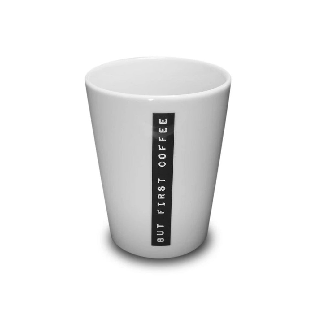 Goldscherben Becher Labelwrite But first coffee Porzellan