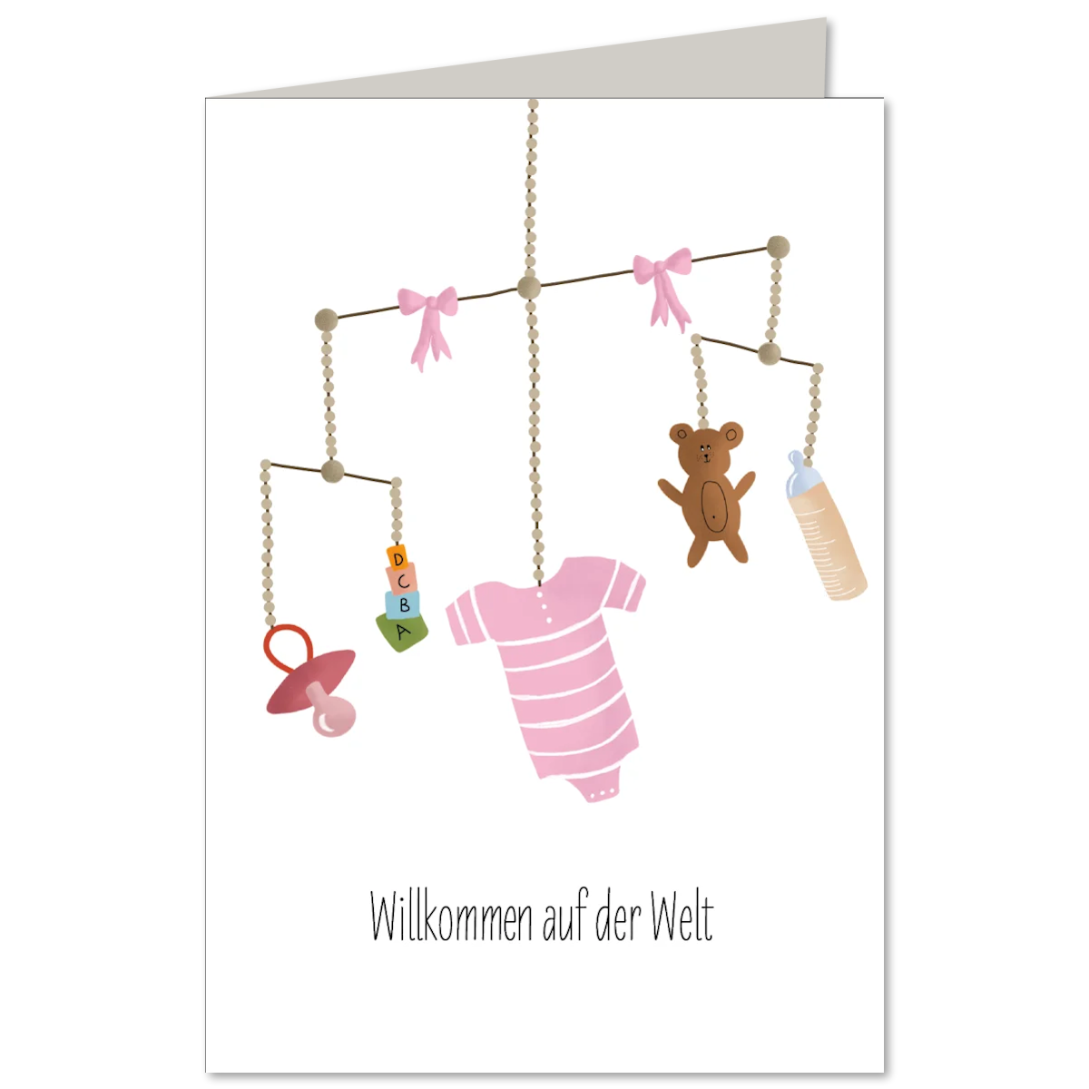 Illustrierte KEITCARDS Klappkarte Baby Mobile rosa zur Geburt von Nina van Bergen inklusive passendem C6 Briefumschlag