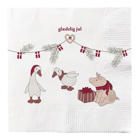 Det Gamle Apotek Lunch-Servietten Glædelig Jul aus der Nordic Pixie Serie mit Schweinchen- und Gänsemotiv.