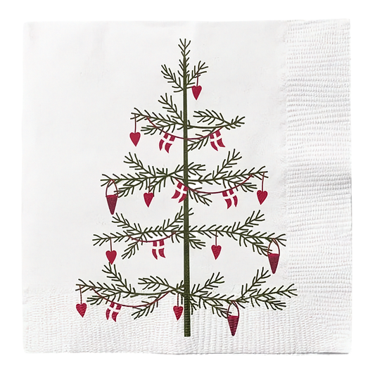Det Gamle Apotek Lunch-Servietten Klassisk Jul mit geschmücktem Weihnachtsbaum, kleinen dänischen Flaggen und roten Herzen.