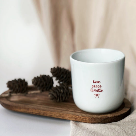 Goldscherben Becher X-Mas rot Love Peace Lametta Porzellan