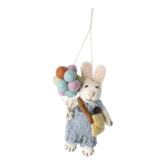Gry & Sif Hasenjunge weiß mit blauer Hose und Luftballons