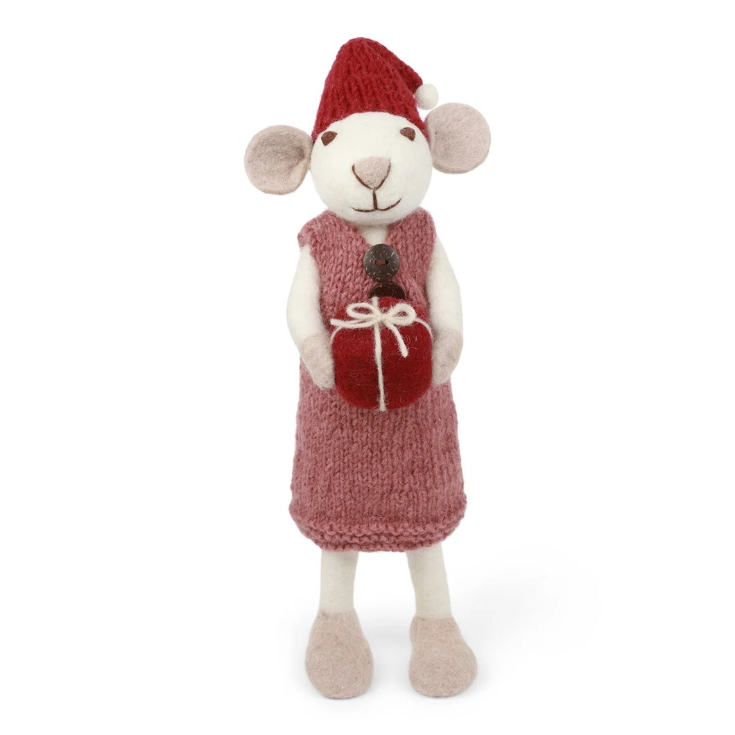 Gry & Sif Maus groß mit staubrotem Kleid und Geschenk
