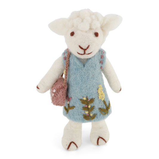 Gry & Sif Schaf weiß mit hellblauem Kleid und Tasche