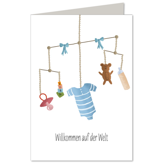 Illustrierte KEITCARDS Klappkarte Baby Mobile zur Geburt von Nina van Bergen inklusive passendem C6 Briefumschlag