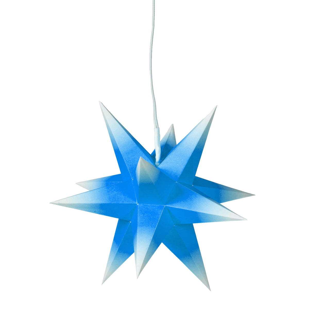Blau-Weißer Adventsstern aus Papier von Marienberger Sterne mit 12 Zacken und 17 cm Durchmesser.