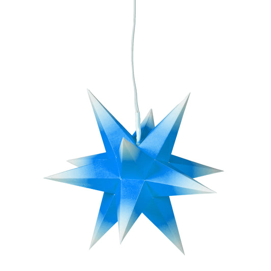 Blau-Weißer Adventsstern aus Papier von Marienberger Sterne mit 12 Zacken und 17 cm Durchmesser.