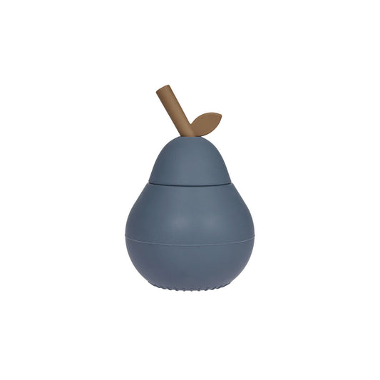 OYOY Mini Silikon-Becher Birne mit Trinkhalm blau