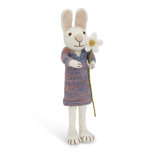 Gry & Sif Hase weiß groß mit buntem Kleid und Margerite