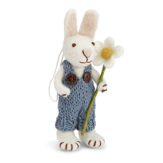 Gry & Sif Hase weiß mit blauer Hose und Margerite